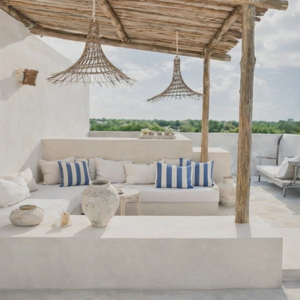 A white outdoor seating area with a built-in couch decorated with white and blue striped pillows, a small white table, and rustic hanging pendant lights under a wooden pergola, overlooking a green landscape.