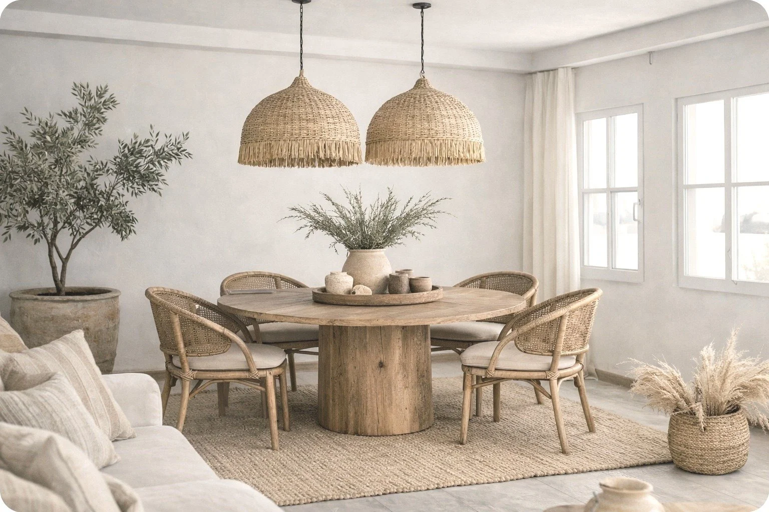 A minimalist dining room with a round wooden table, six rattan chairs with white cushions, a large potted plant, woven pendant lights, and natural decor including vases and a woven basket with dried flowers, illuminated by natural light through multi