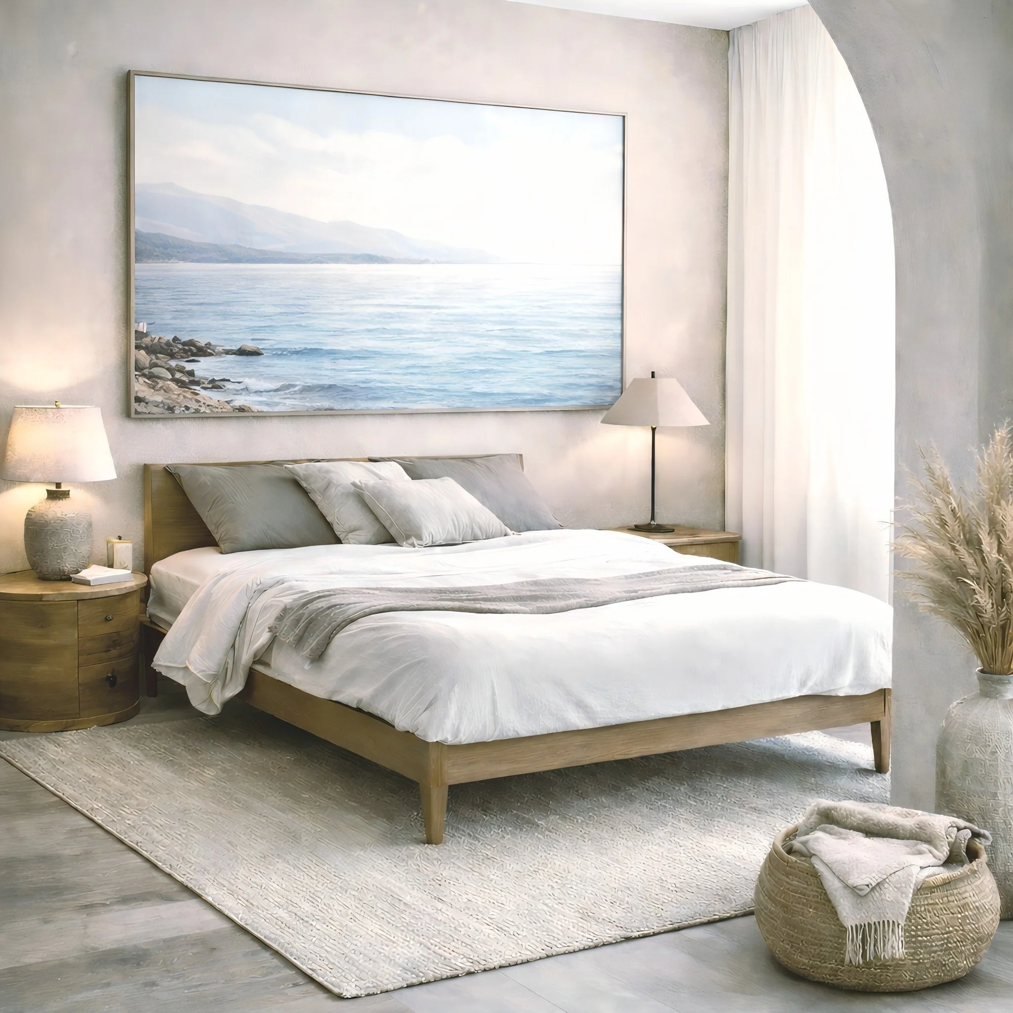 A bedroom with a wooden bed, white bedding, and gray pillows. Two side tables with lamps, large window with white curtains, and a framed seaside landscape painting above the bed.