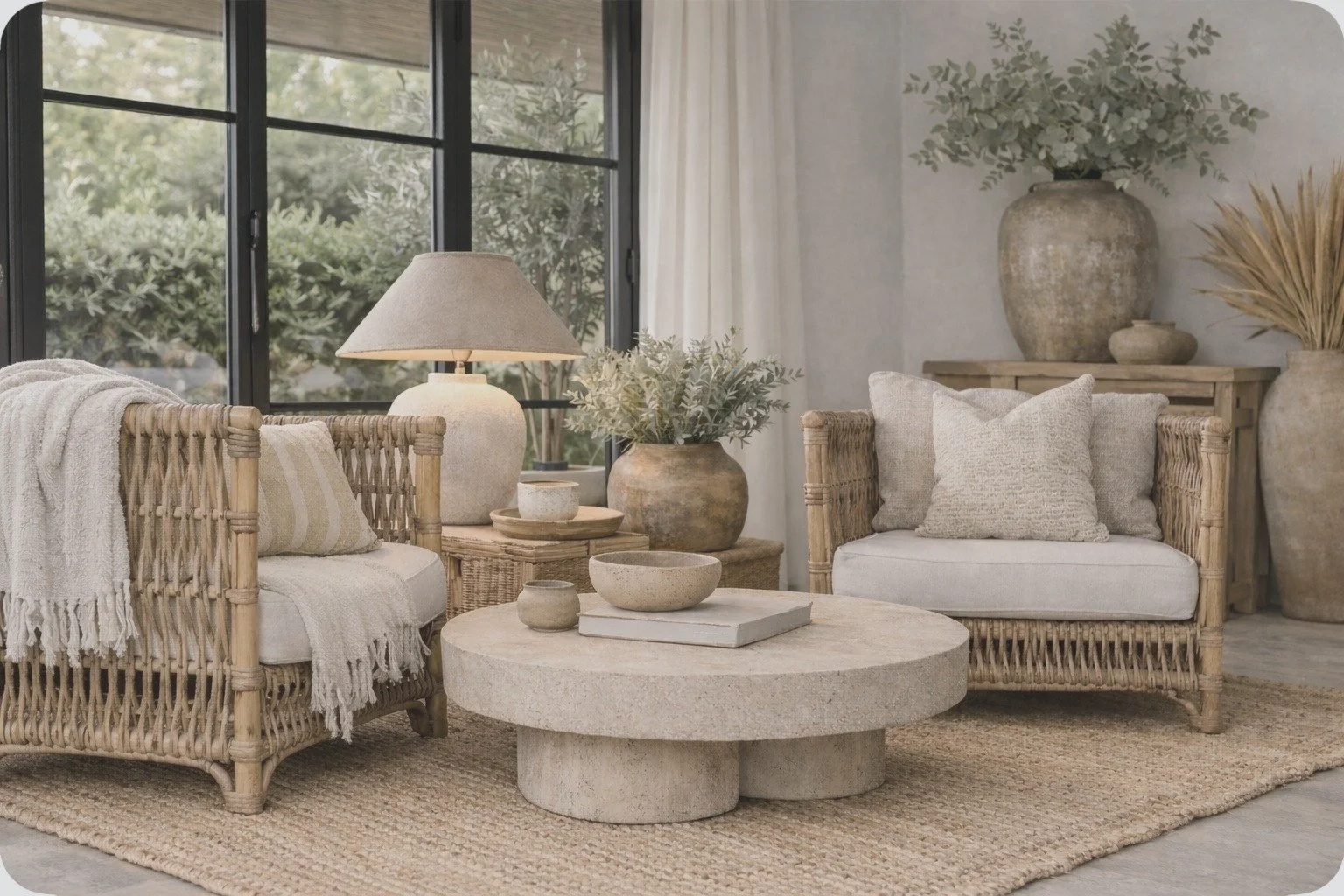 Cozy living room with rattan sofas, beige cushions, a round stone coffee table, beige table lamp, and large vases with plants and dried grass in front of large windows with white curtains.
