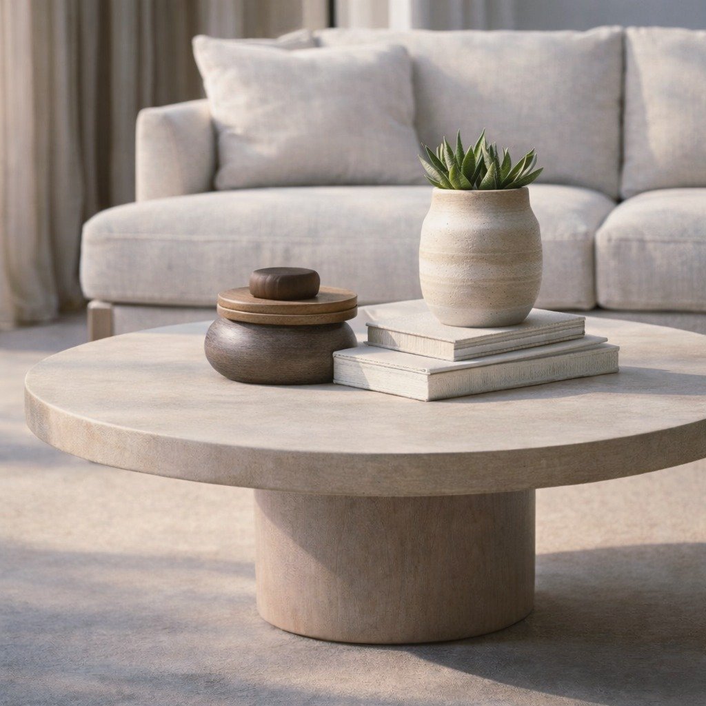 A round beige coffee table with decorative items including a small potted succulent, stacked books, and wooden objects, in front of a light-colored sofa