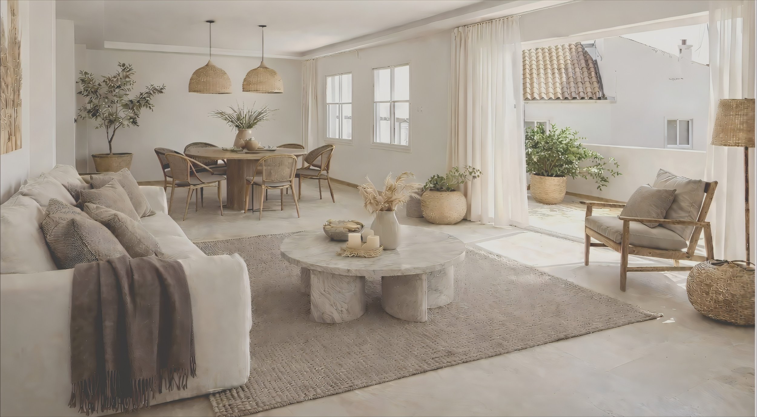 Bright living room with white sofa, marble coffee table, beige area rug, armchair, potted plants, and large windows with white curtains, opening to a balcony with plants.