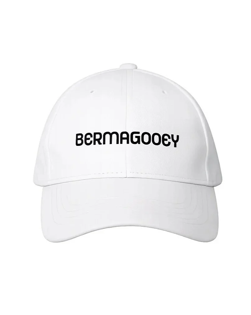 White baseball cap with the text 'BERMAGOODY' printed on the front in black letters.