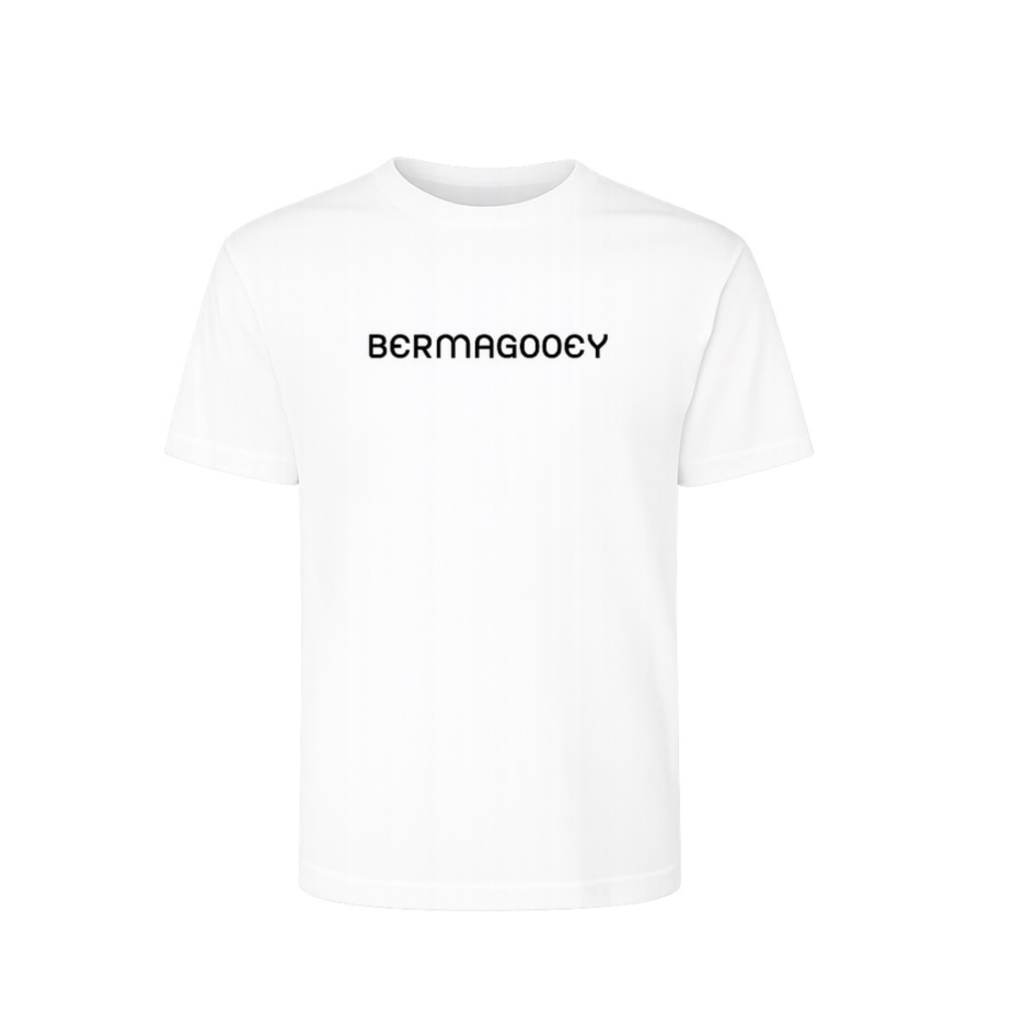 White T-shirt with the word 'BERMAGOOEY' printed on the front in black text.