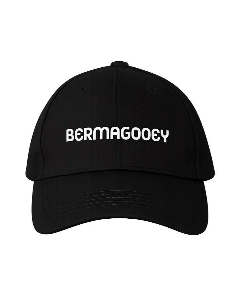 Black baseball cap with white embroidered text reading 'BERMAGOEOY' on the front