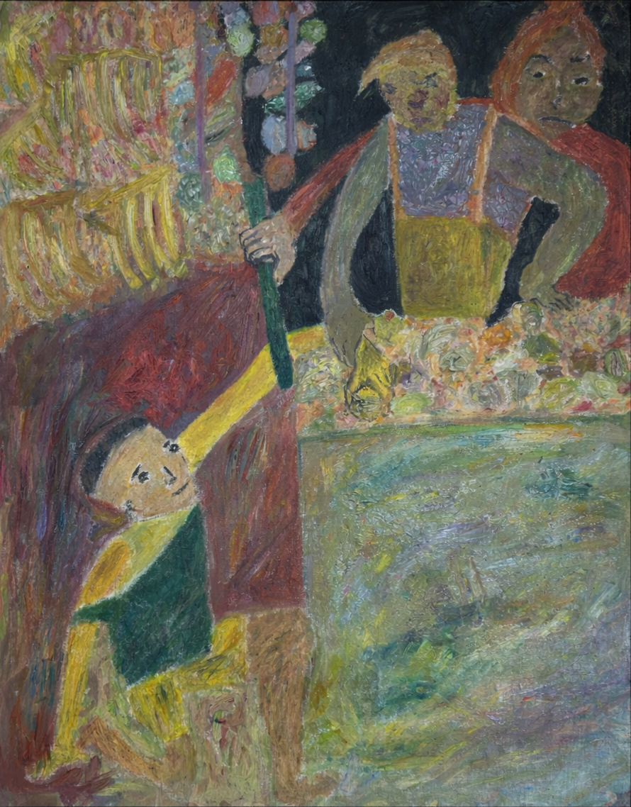 Expressionist painting depicting figures working together and sharing food