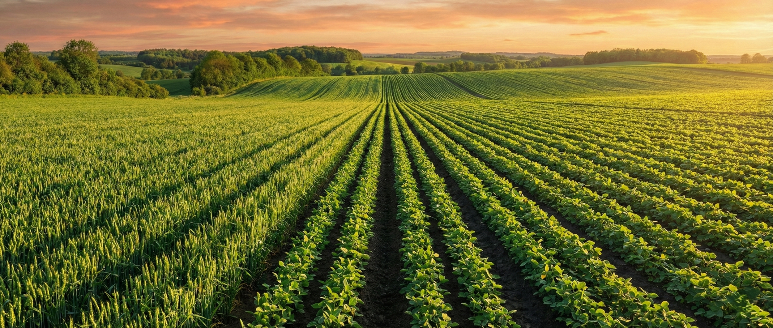 Sunrise over long rows of green crops growing in a wide farm field, stretching toward the horizon.