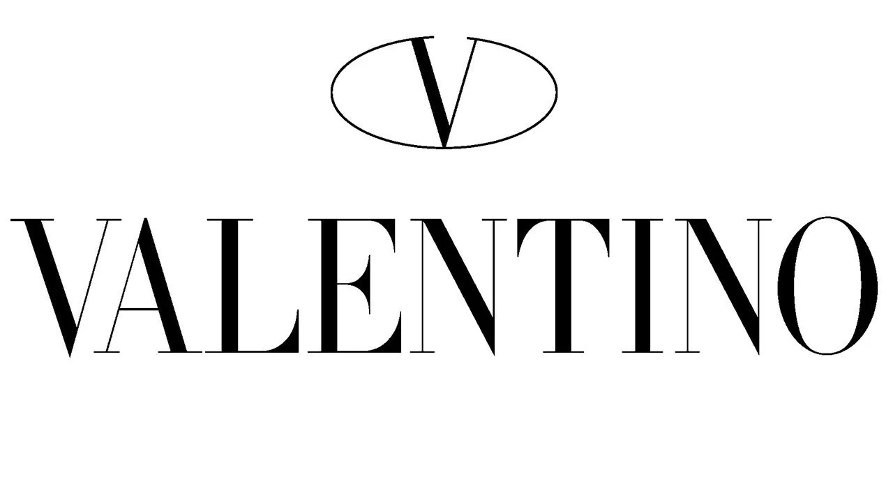 Valentino logo in black text with an oval emblem above it containing a stylized V.