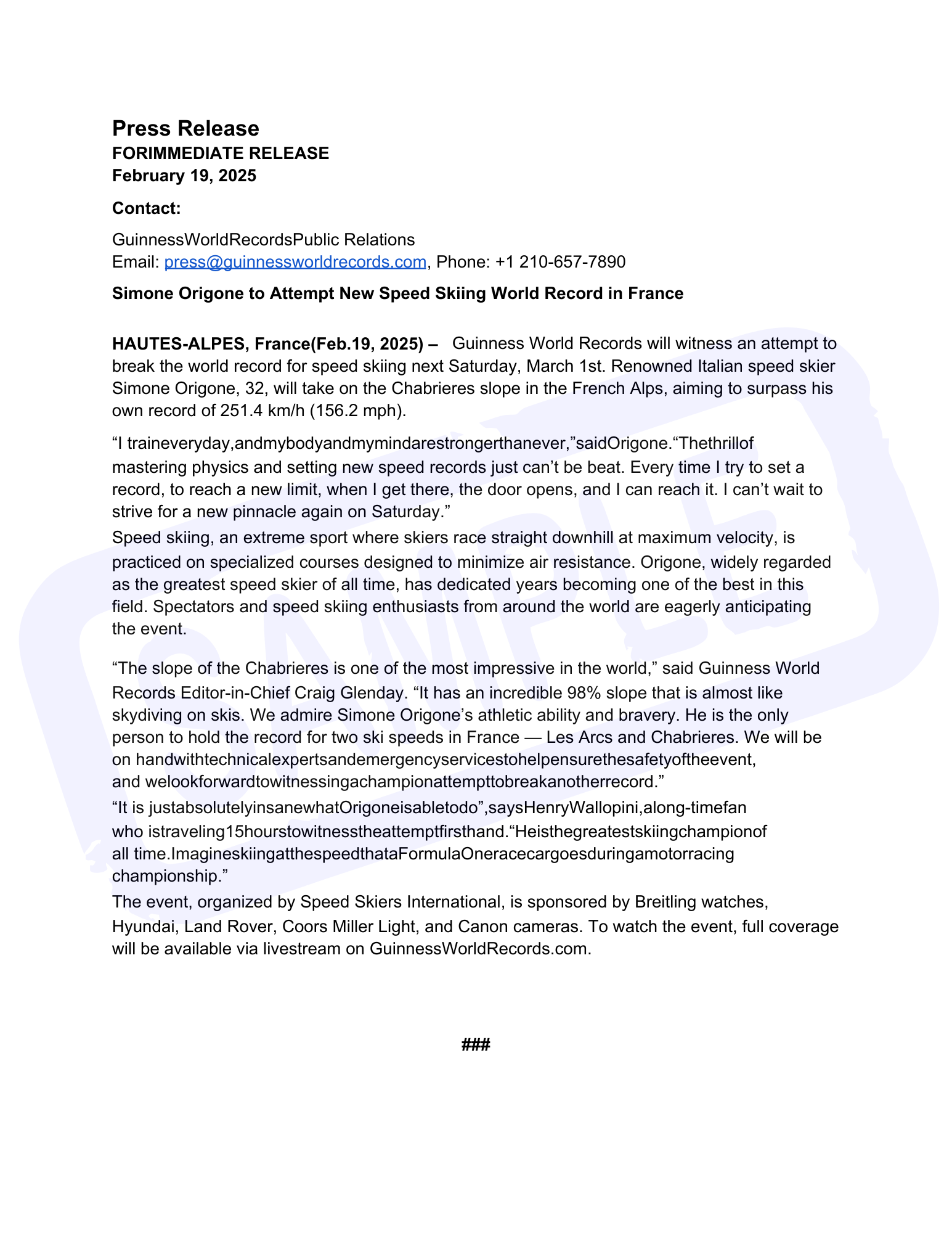 Mock Press release announcing Simone Origone's attempt to break the speed skiing world record in France, dated February 19, 2025.