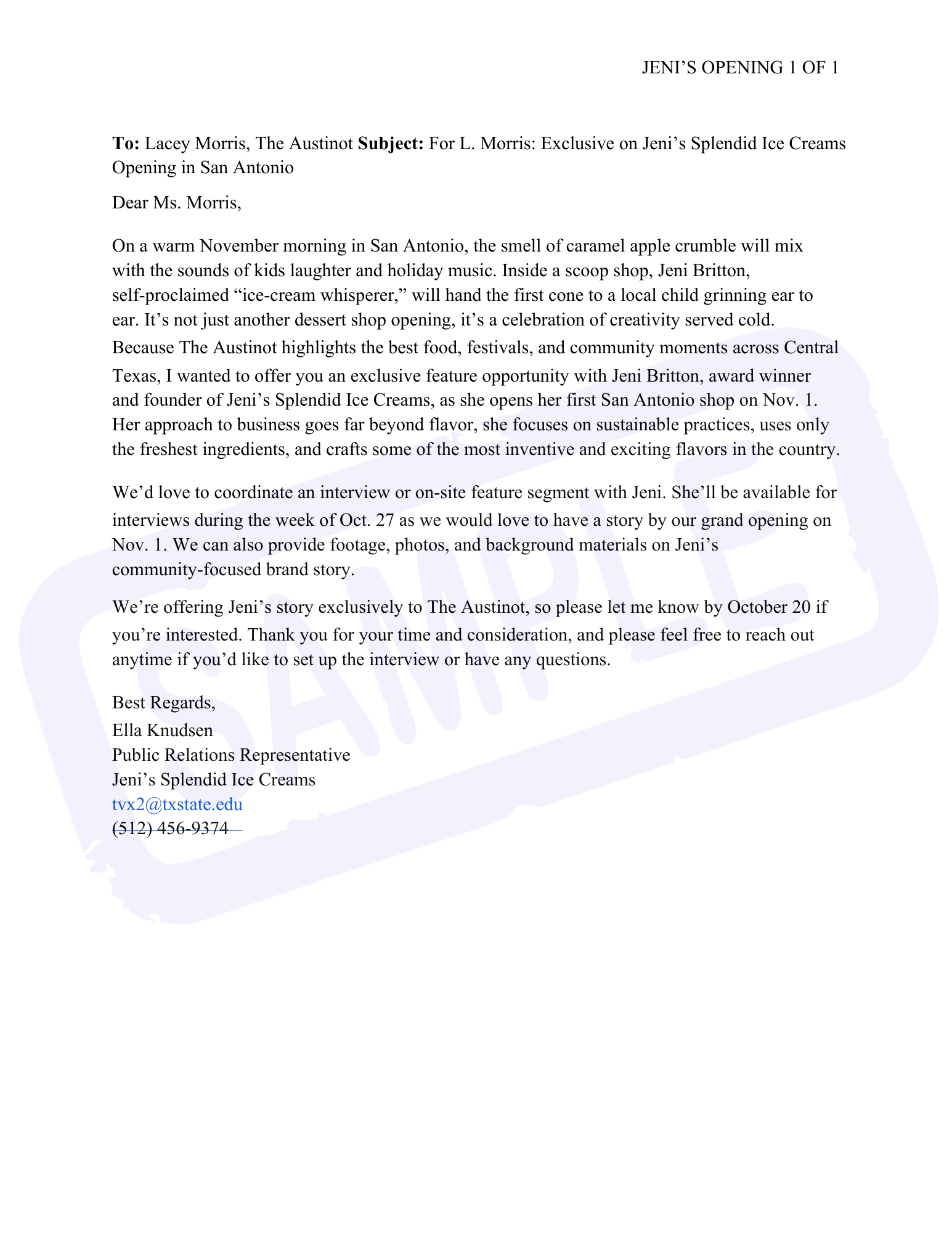 Mock media pitch email, highlighting a feature interview and background materials for media coverage.