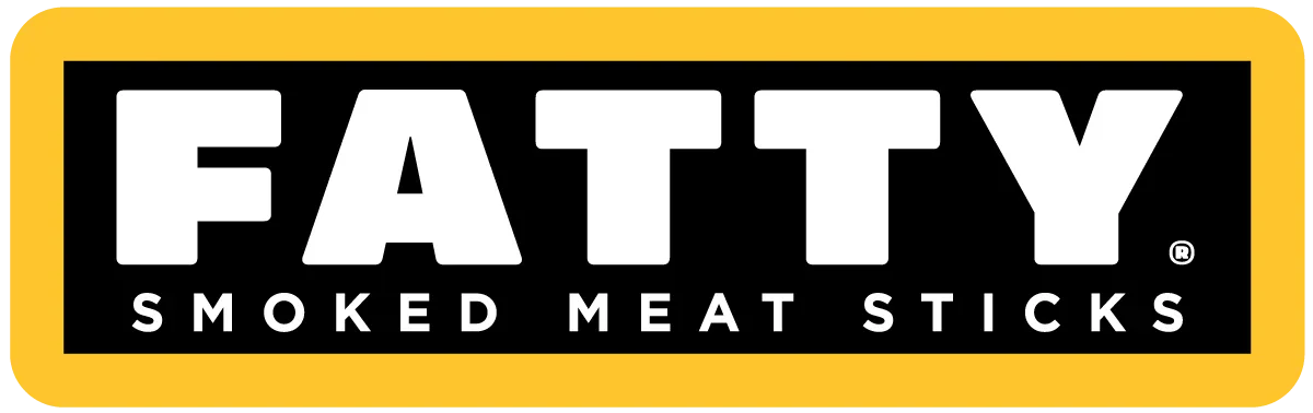 Packaging label for FATTY smoked meat sticks with a black background, white text, and a yellow border.