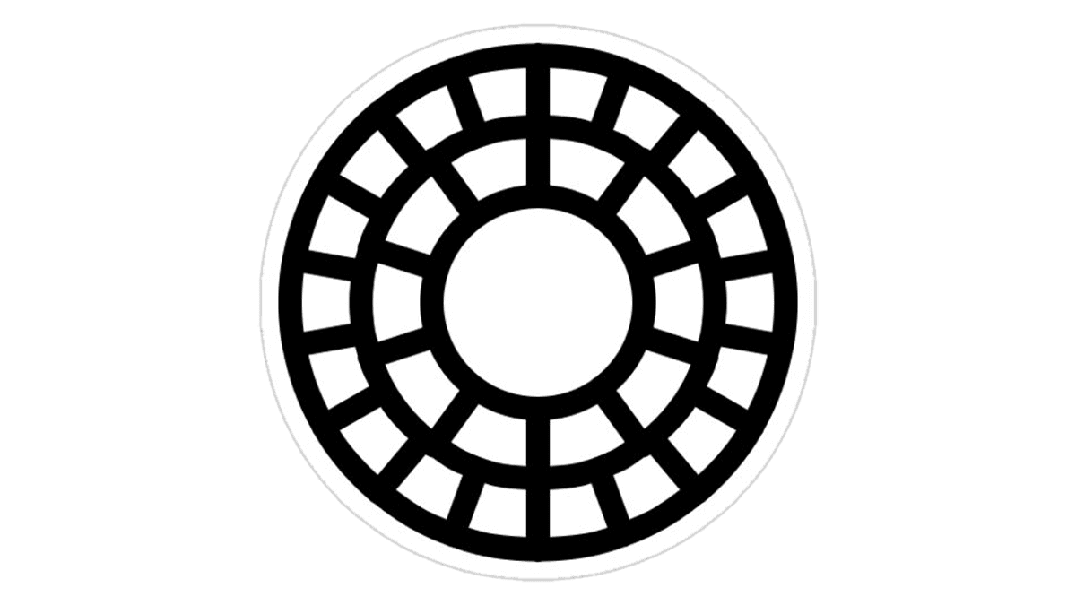 A black and white circular geometric design with a central circle surrounded by multiple concentric rings and rectangular shapes.