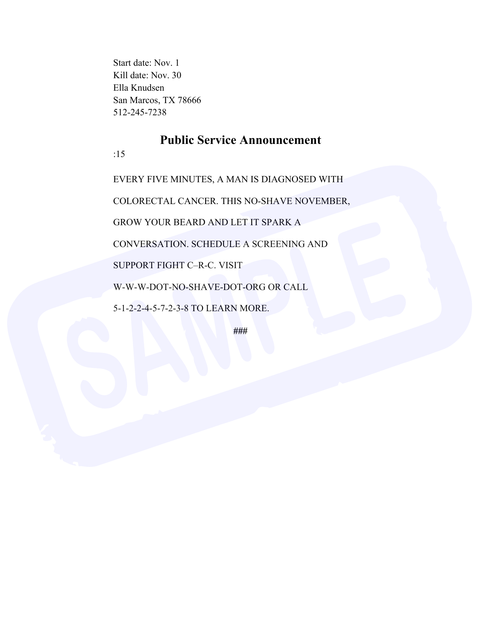 Mock public service announcement about prostate cancer awareness, with contact information, scheduled date, and a 5-minute reminder message.