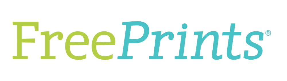 Colorful logo with the words "Free Prints" in large green and blue letters.