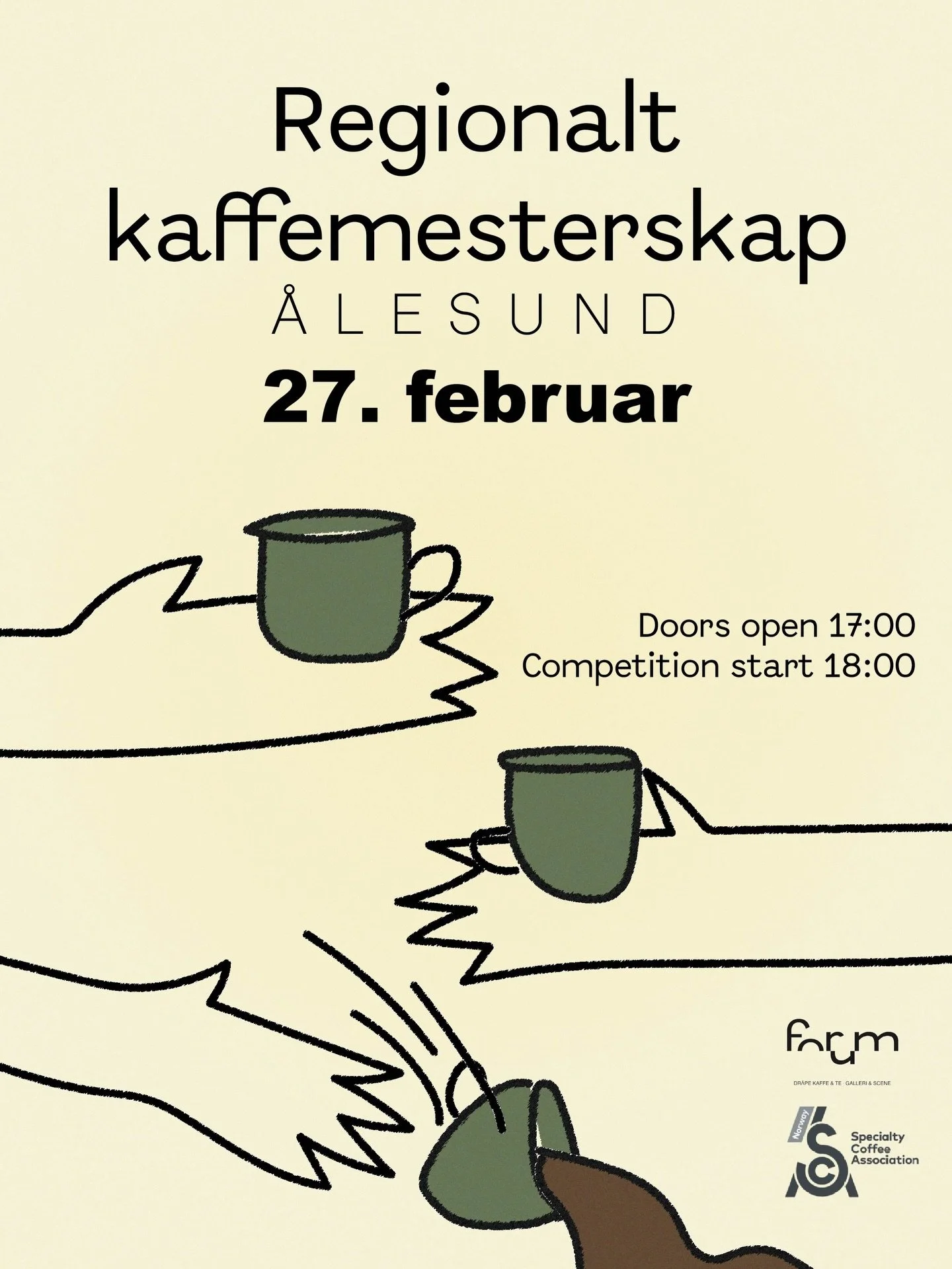 H&aring;per p&aring; &aring; se deg i morgen! Forum er &aring;pen for salg av kake og diverse s&oslash;tt, i tillegg til h&aring;ndbrygg og te! 
Vi kan ikke servere espressobasert / melkebasert kaffe fra 17:00 p&aring; grunn av RM i barista som skal 