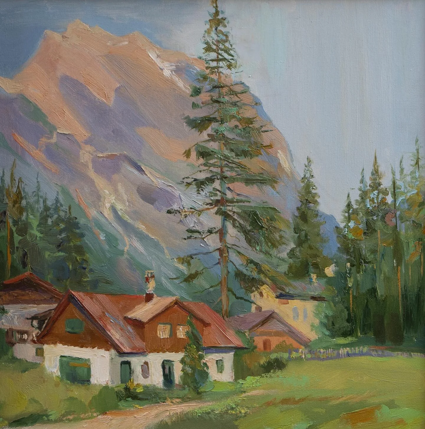 A landscape painting of a mountain scene with trees, a large pine, and a small house with a red roof in the foreground.