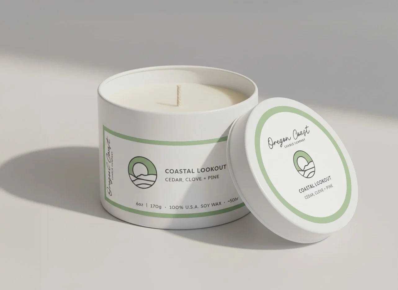 A lit white candle in a white container with a green and black label, labeled 'Oregon Coast Candle Company Coastal Lookout cedar, clove, pine' and a matching lid beside it.