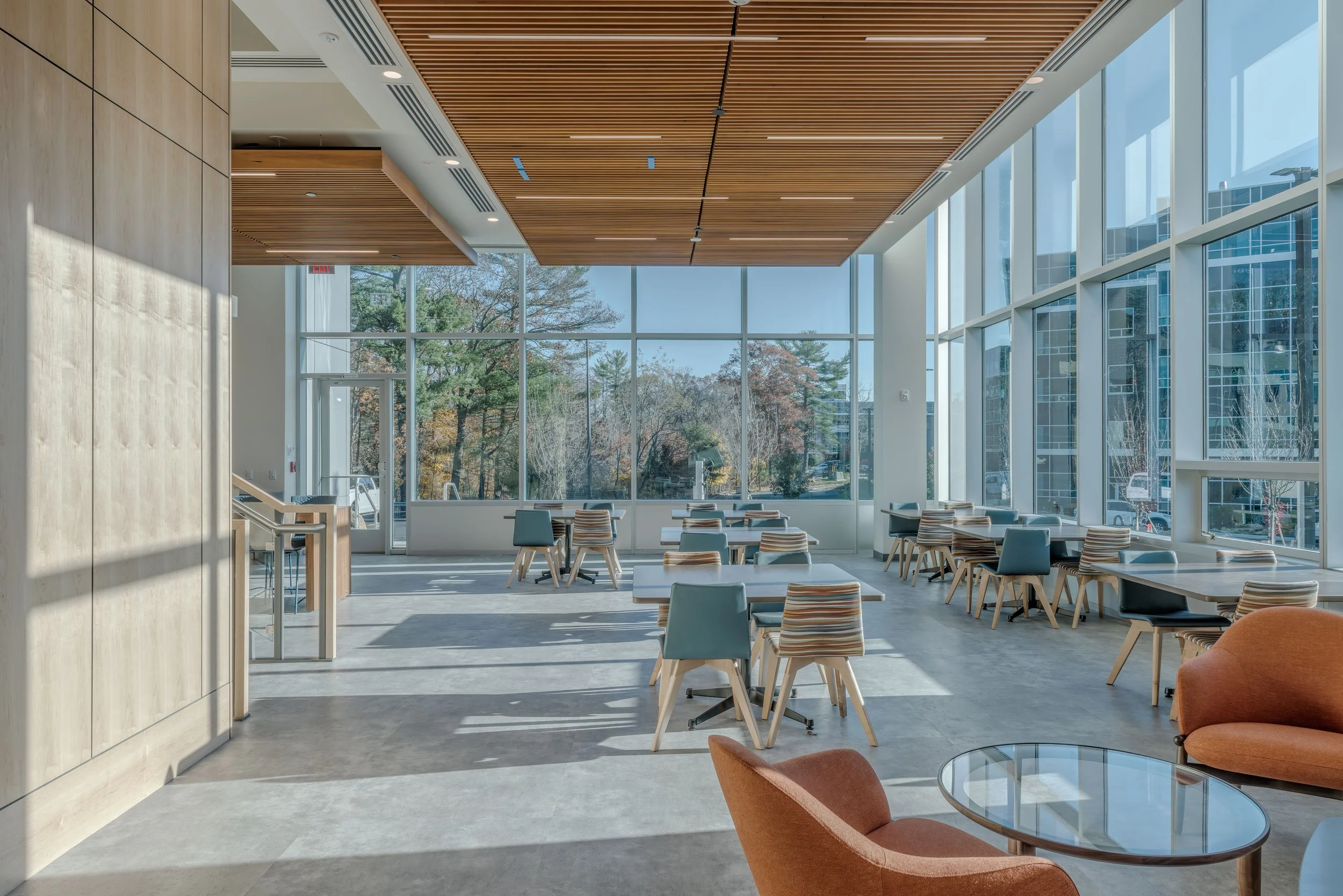 Interior of a spacious, modern cafe with large floor-to-ceiling windows, wooden ceiling accents, and a mix of chairs and tables, with sunlight streaming in.
