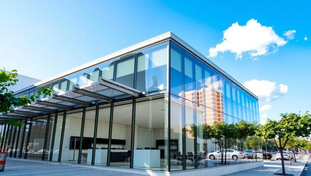 A modern glass office building with trees and parked cars outside on a sunny day.