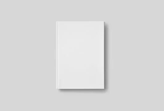 A closed white hardcover book resting on a gray background.