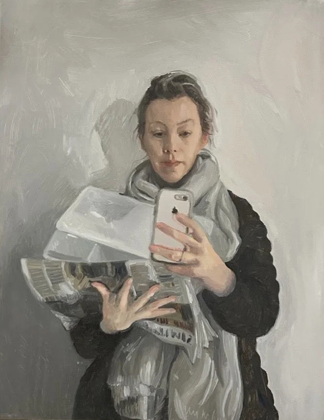 SelfPortrait 2020 oil on board, round 30 x 40cm Selected for the 190th RHA Royal Hibernian Academy Annual Exhibition 2020