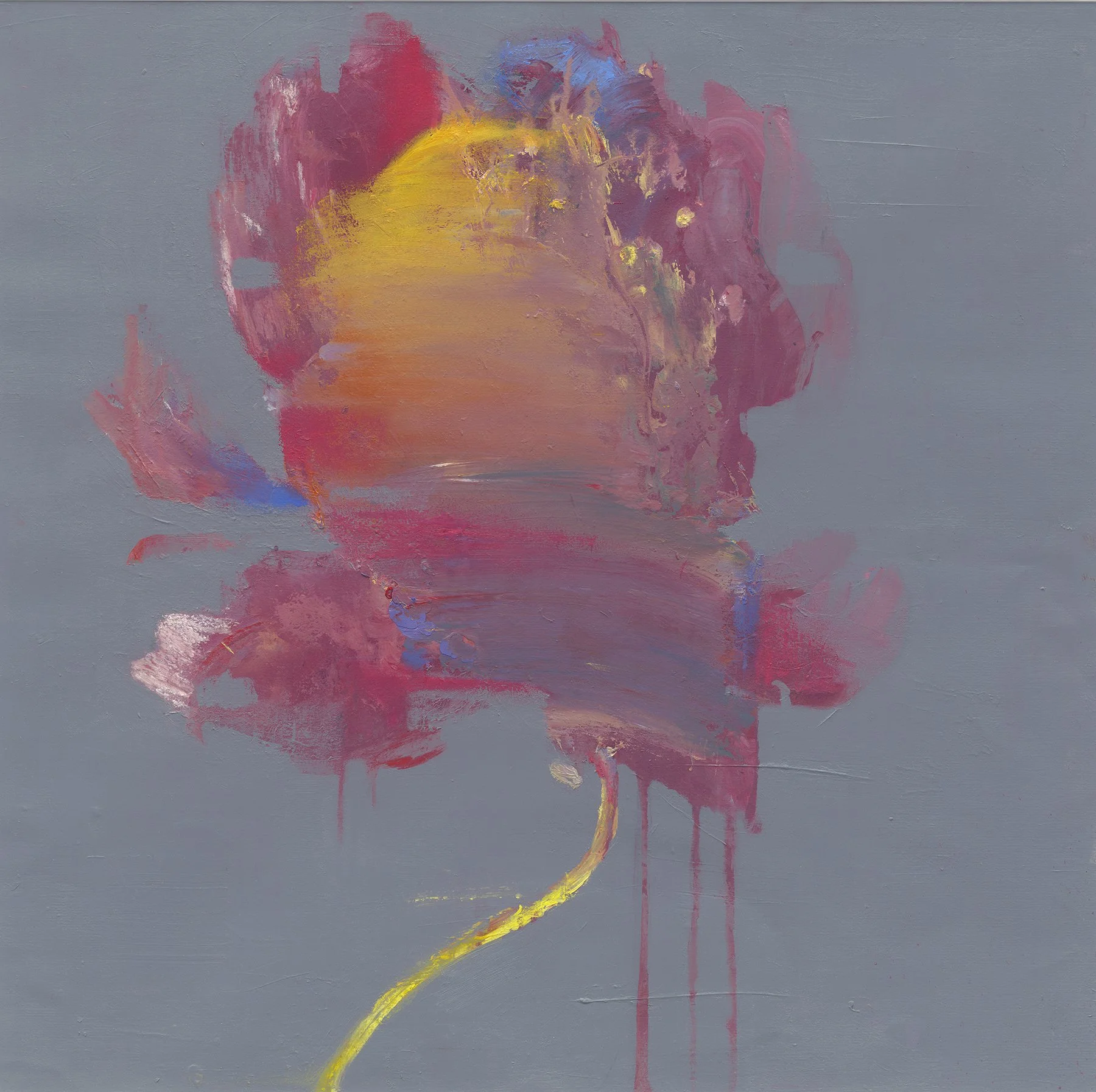 Abstract painting of a flower with pink, yellow, purple, and blue colors on a gray background.