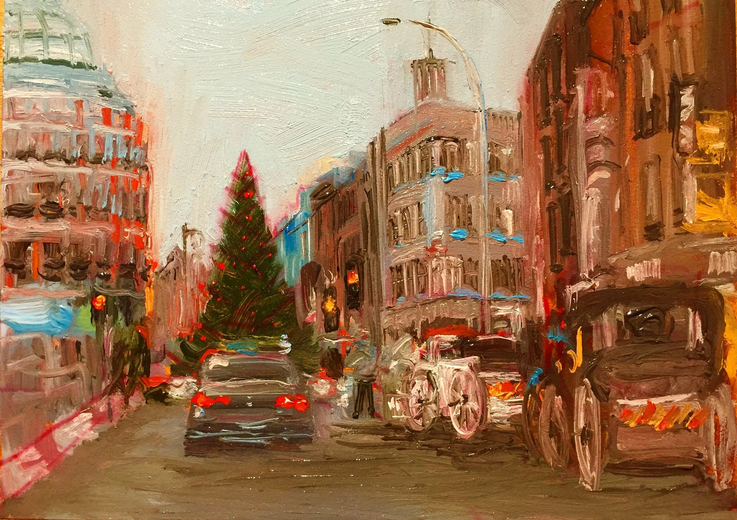 Stephens Green Dublin, getting ready for the Luas, oil on board, 13 x 18cm, 2015 