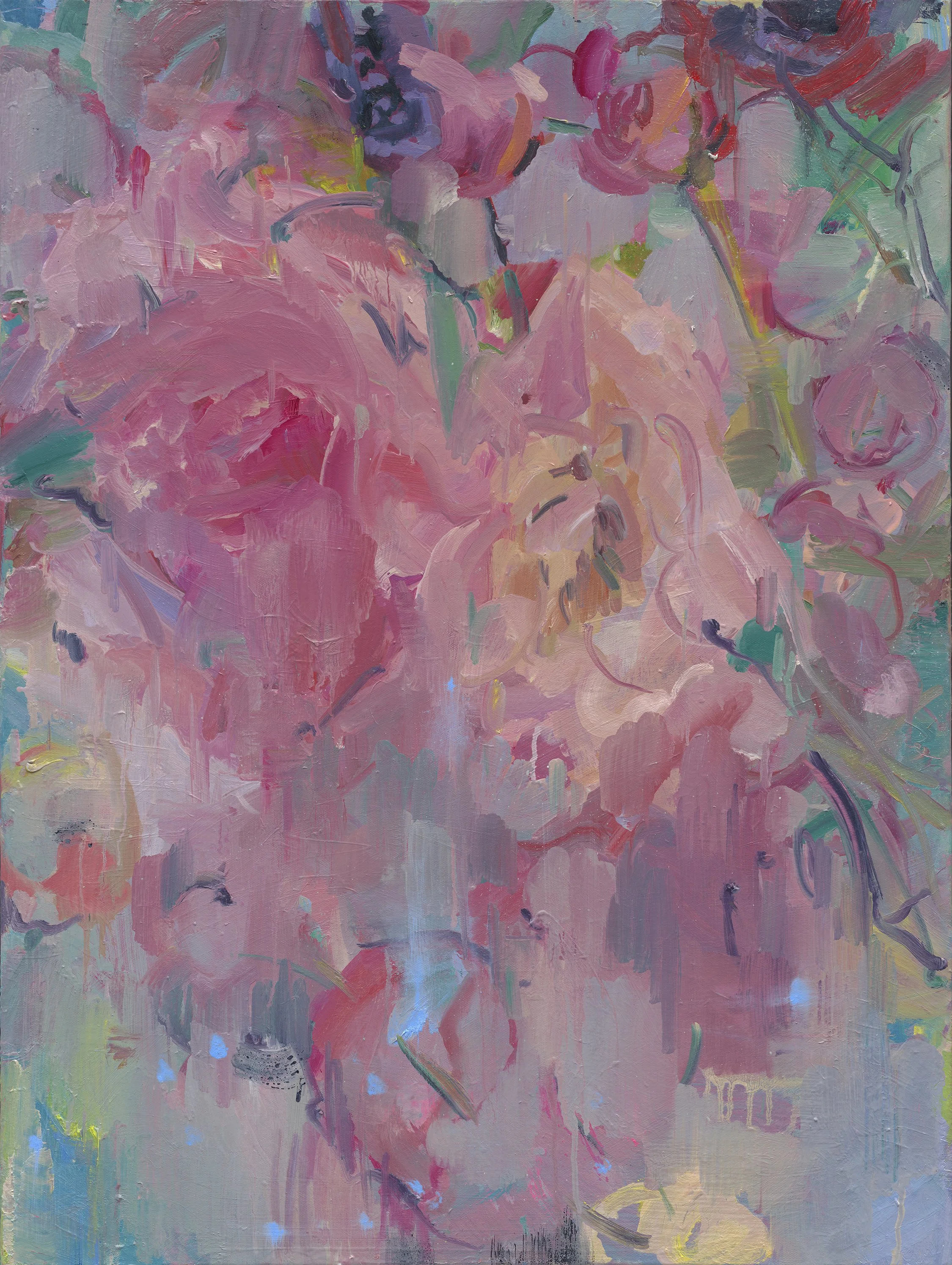 Abstract painting featuring pink, purple, and teal brushstrokes, with hints of green and yellow.