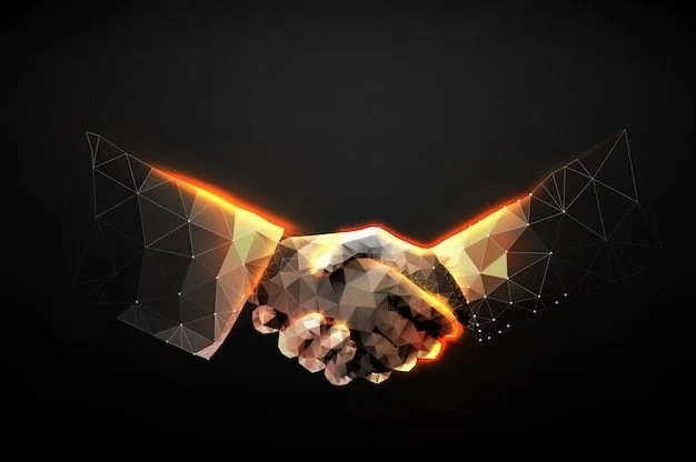 Digital illustration of two hands shaking with a glowing, polygonal style and futuristic design.