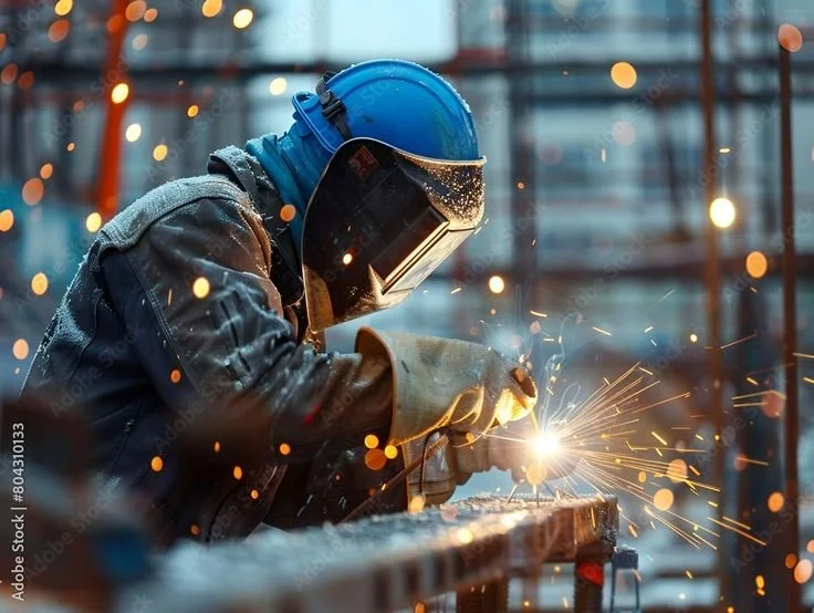 A welder wearing a blue helmet and protective gear welding metal with sparks flying.