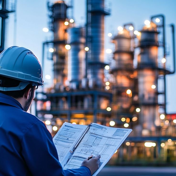 An engineer in a hard hat holding a clipboard looks at industrial machinery at a factory during twilight.