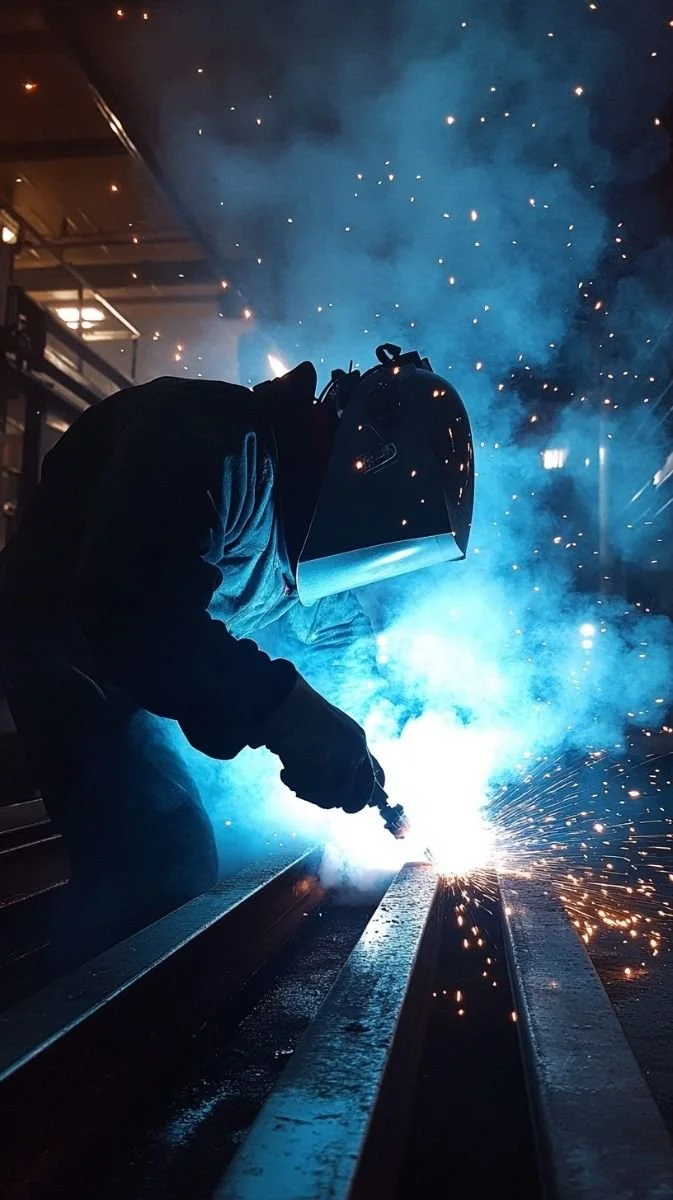 A welder wearing a helmet and gloves welding metal beams, creating sparks and sparks of bright blue light in a workshop or industrial setting.