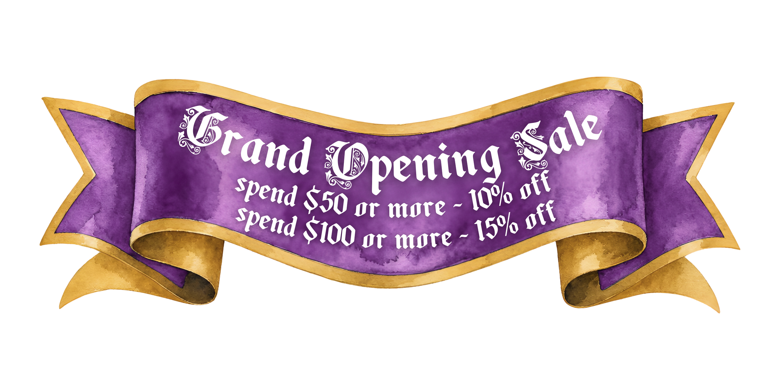 Purple ribbon banner with gold trim advertising a grand opening sale, offering discounts for spending specific amounts.