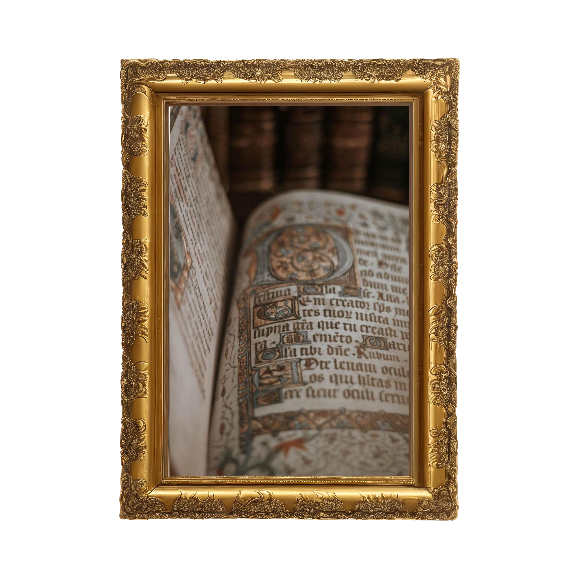 Close-up of an ornate gold frame containing a page of illuminated manuscript with Gothic script and decorative initial letters.