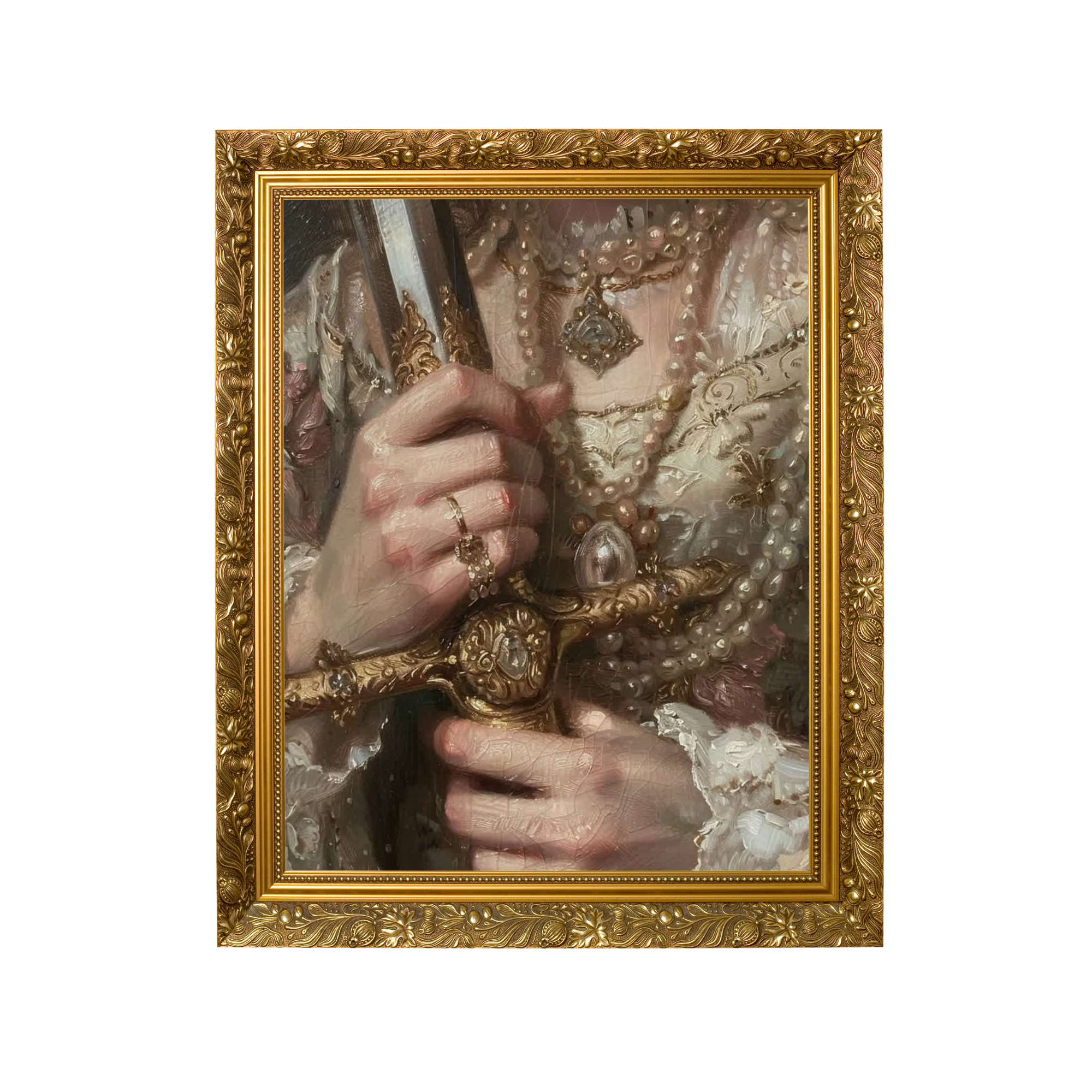 Close-up of ornate gold picture frame reflecting a woman in pearl jewelry holding a ring.