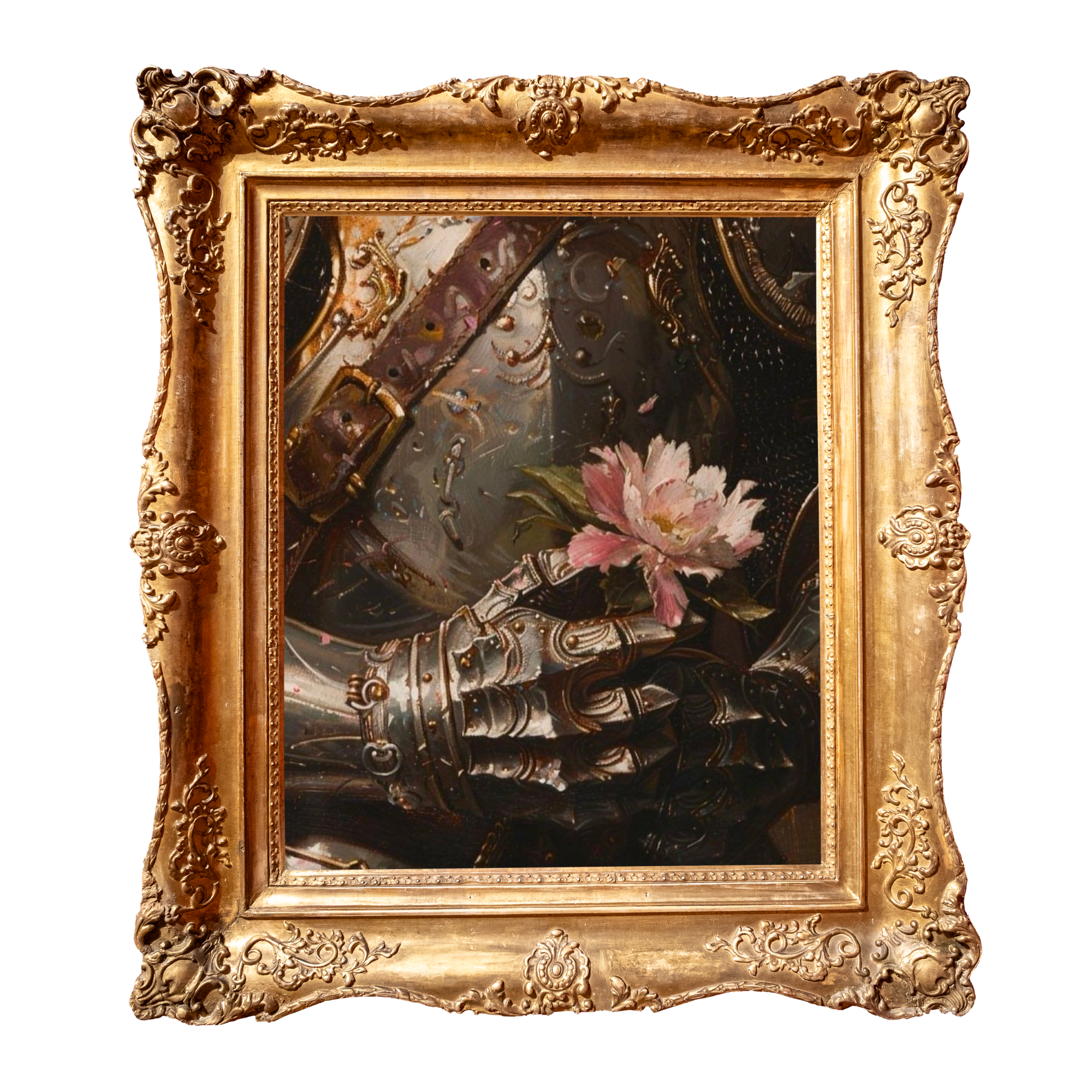 Close-up of an ornate, gold-colored picture frame with intricate floral and scroll designs.