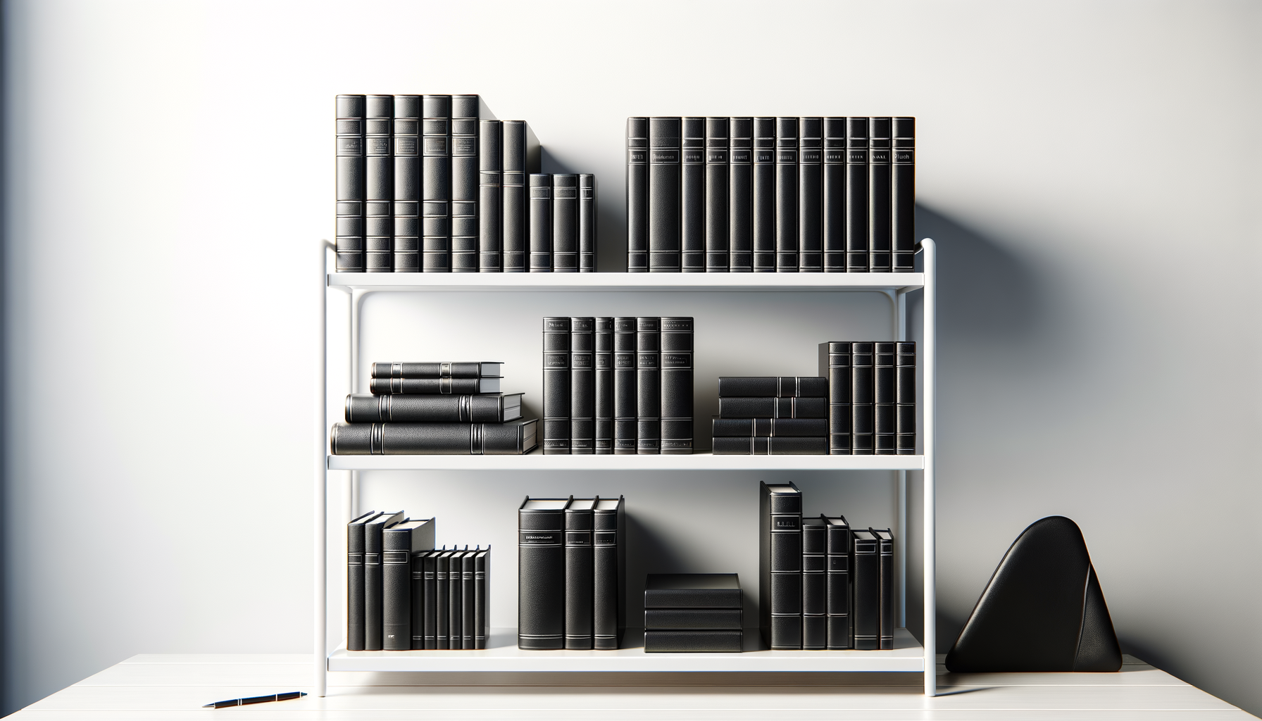 White bookshelf with black books on a white desk, with a black paperweight on the right.