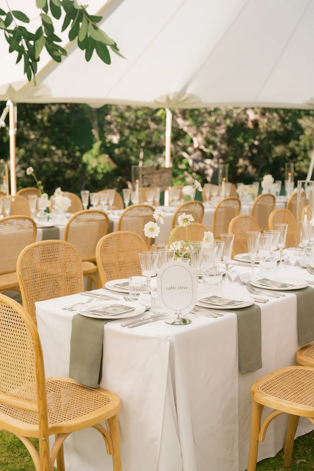Outdoor wedding reception table decorated with white tablecloths, flower centerpieces, glassware, silverware, and place settings, under a large white canopy.