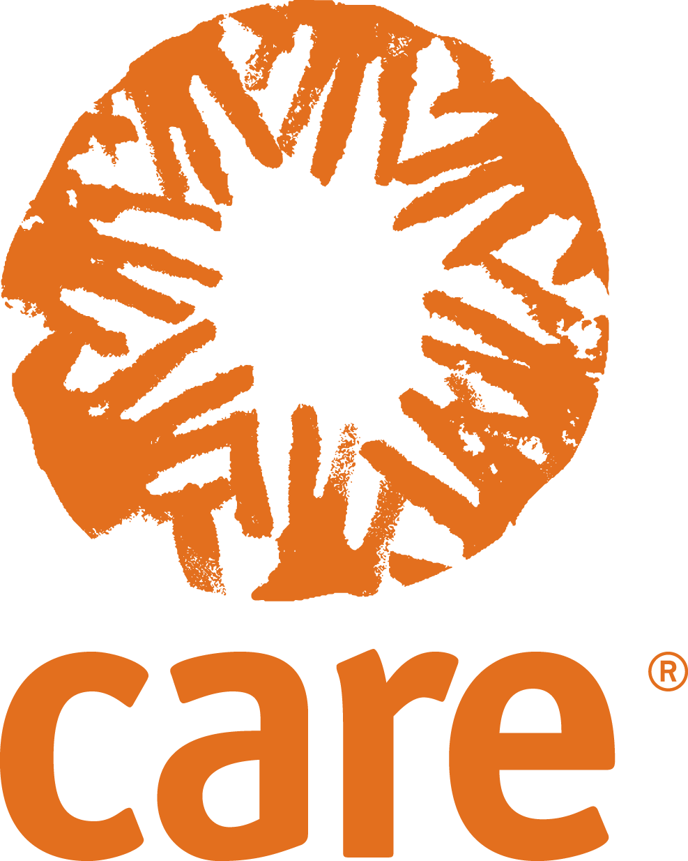 An orange circular logo with jagged, brushstroke style lines forming a stylized heart shape inside. Below, the word 'care' is written in lowercase orange letters.