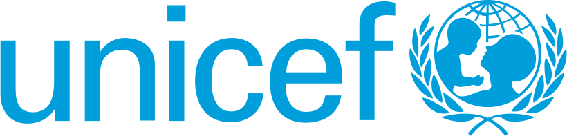 UNICEF logo with blue text and a globe with children holding hands inside the globe