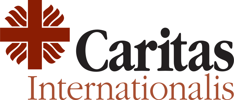 Caritas Internationalis logo featuring a stylized cross with symmetrical red floral elements and the organization's name in black and orange text.