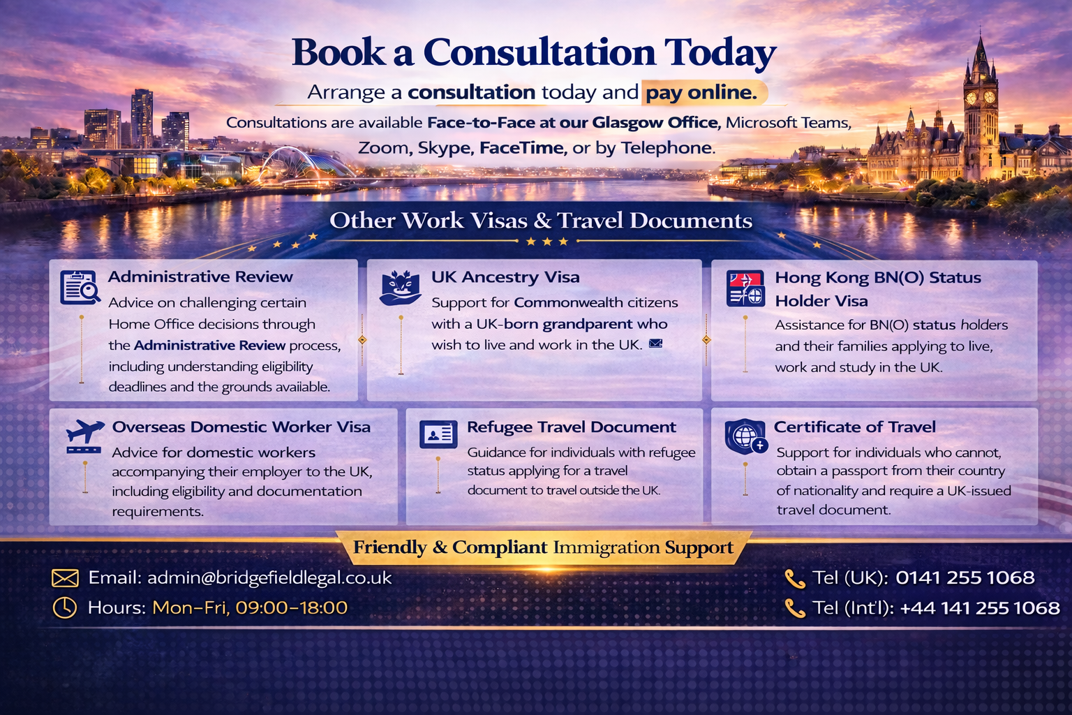 A colorful city skyline at sunset with a river in the foreground, and promotional text for booking consultations and visa services with contact details at the bottom.