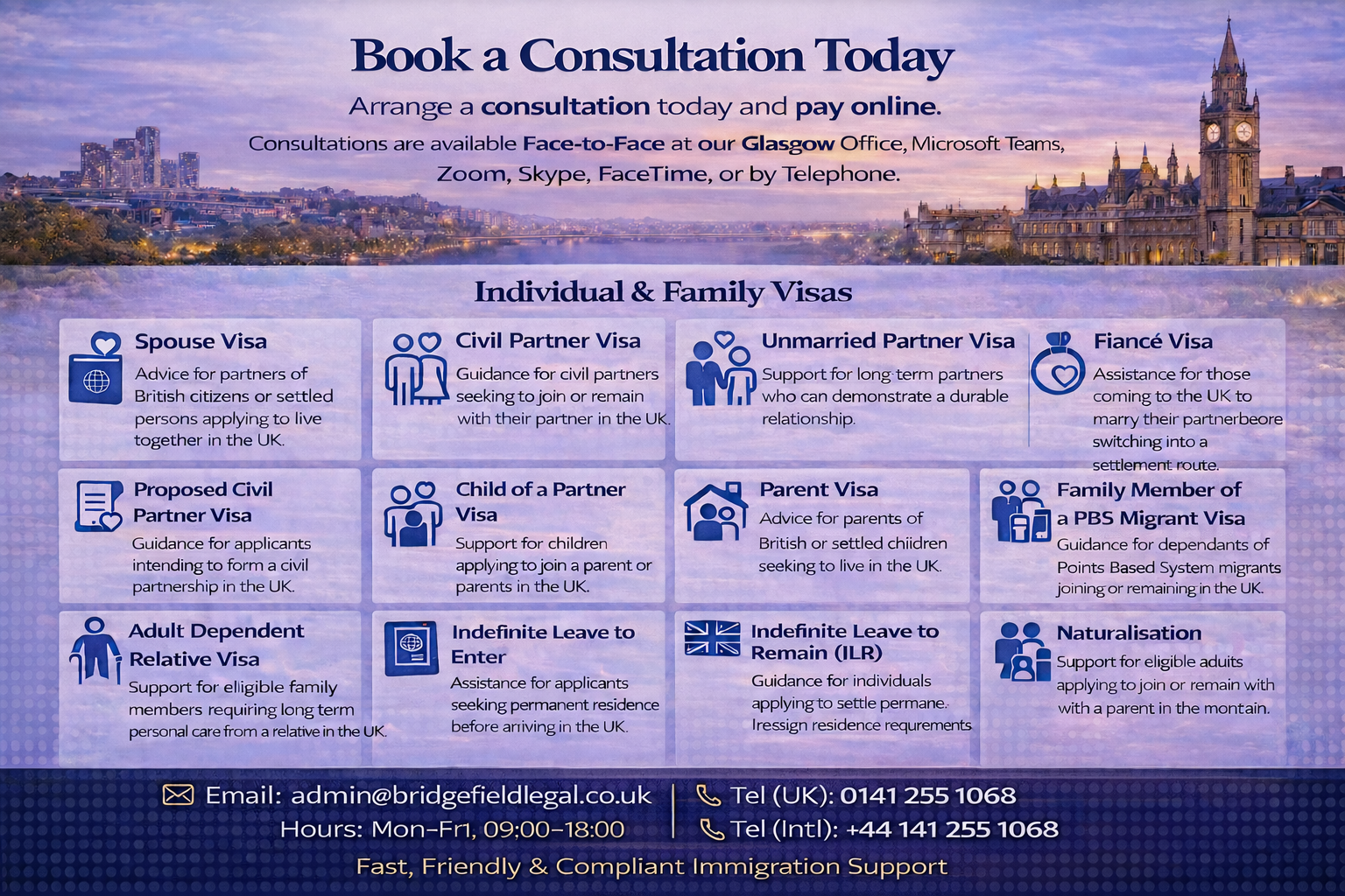 An advertisement for booking immigration consultations, showing different types of visas with descriptions, contact email, phone numbers, and hours of operation, set against a cityscape background featuring the River Thames and the Houses of Parliament in London.