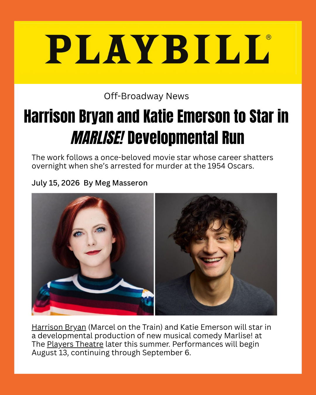 A digital news article header from Playbill announcing Harrison Bryan and Katie Emerton will star in the musical Marilise. The article features two headshots: a woman with red hair and a man with curly dark hair, both smiling, set against a gray background.