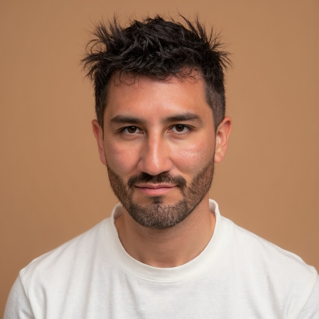 A man with dark, messy hair and a beard, wearing a white T-shirt, facing the camera against a plain beige background.
