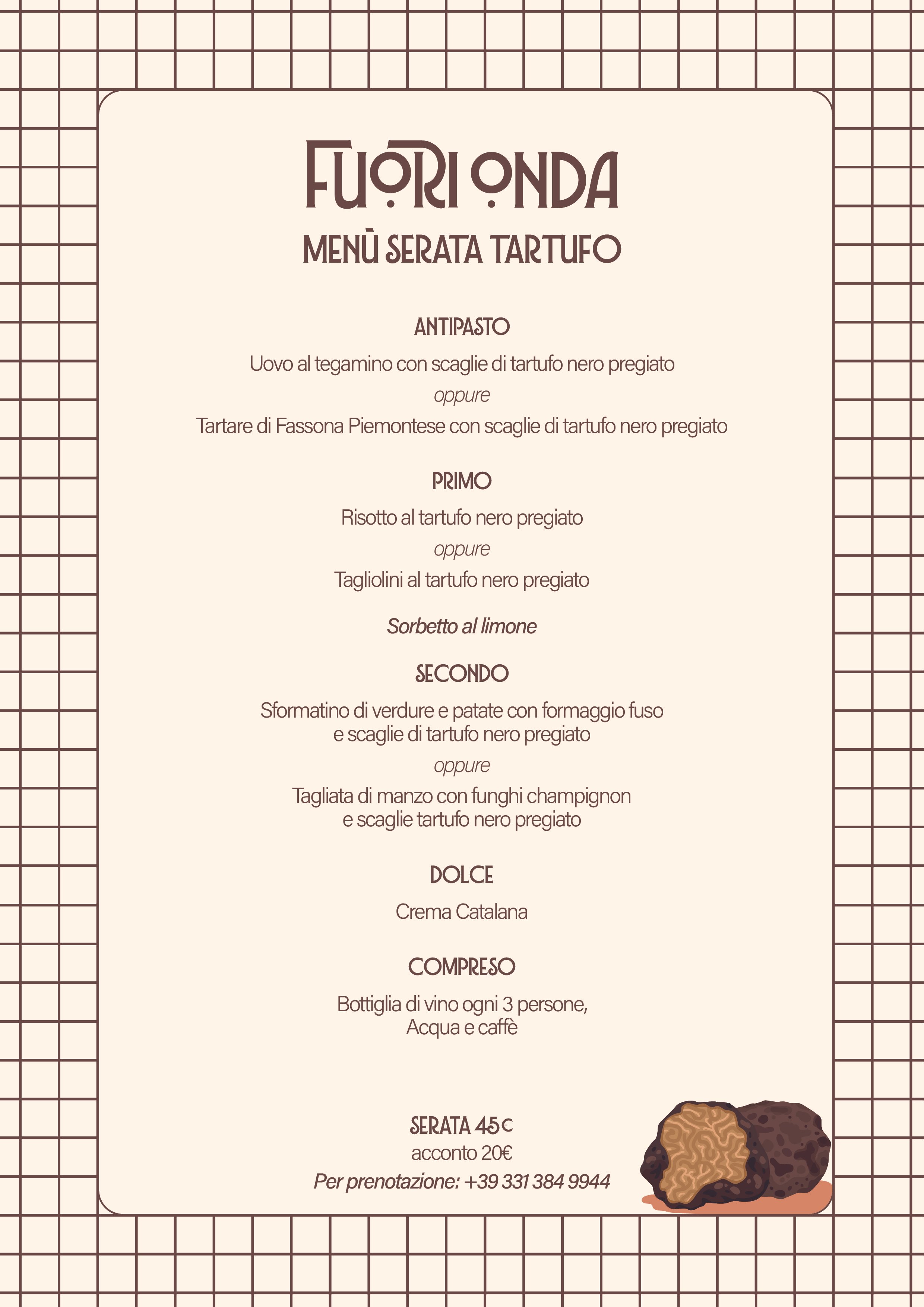 Menu featuring Italian dishes with a grid background, listing appetizers, first courses, second courses, desserts, and drinks, with an illustration of a Tartufo on the bottom right corner.