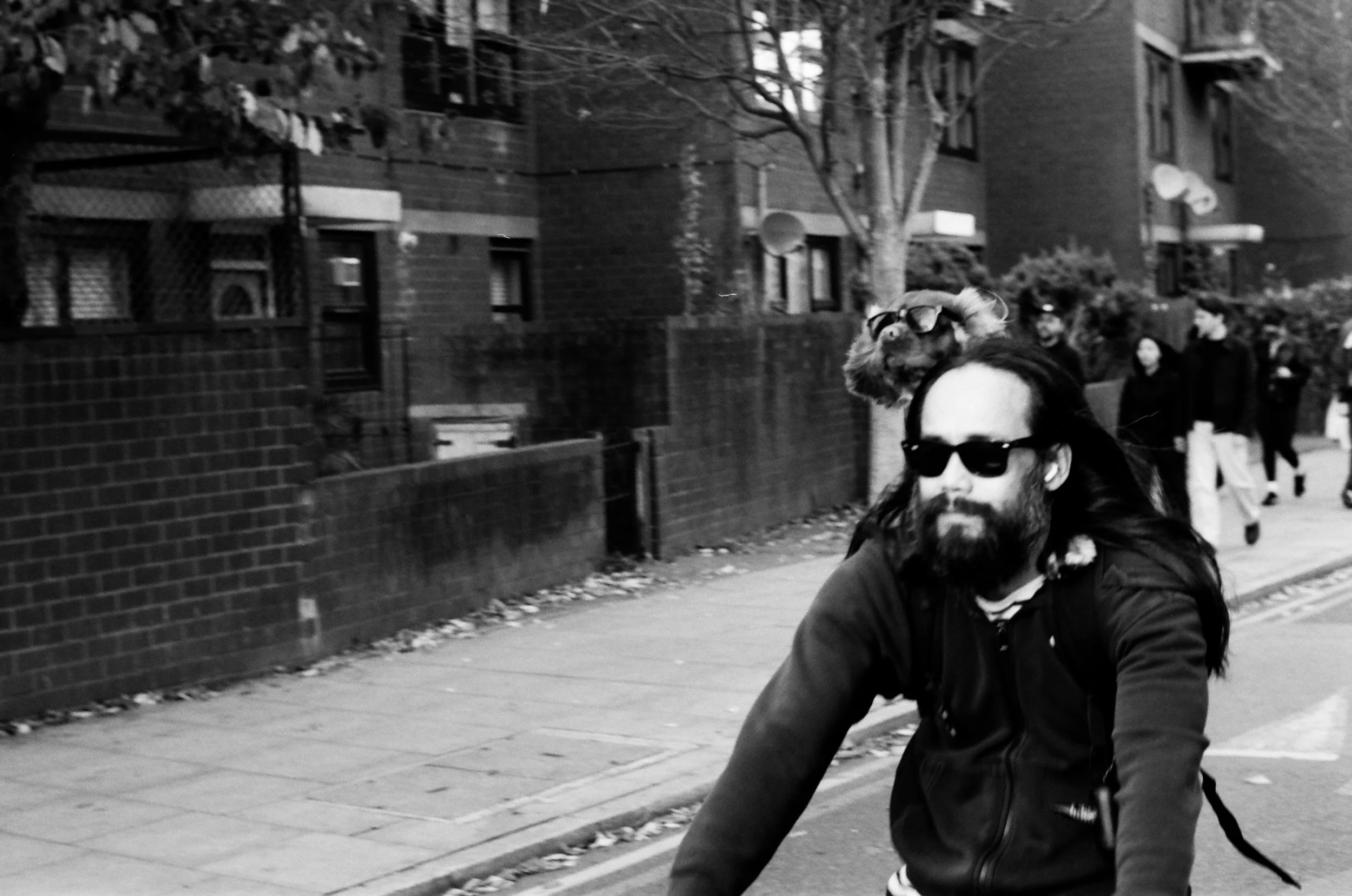 A man with long hair and a beard wearing sunglasses, cycling on a city street with a dog on his head, and a group of people walking in the background.