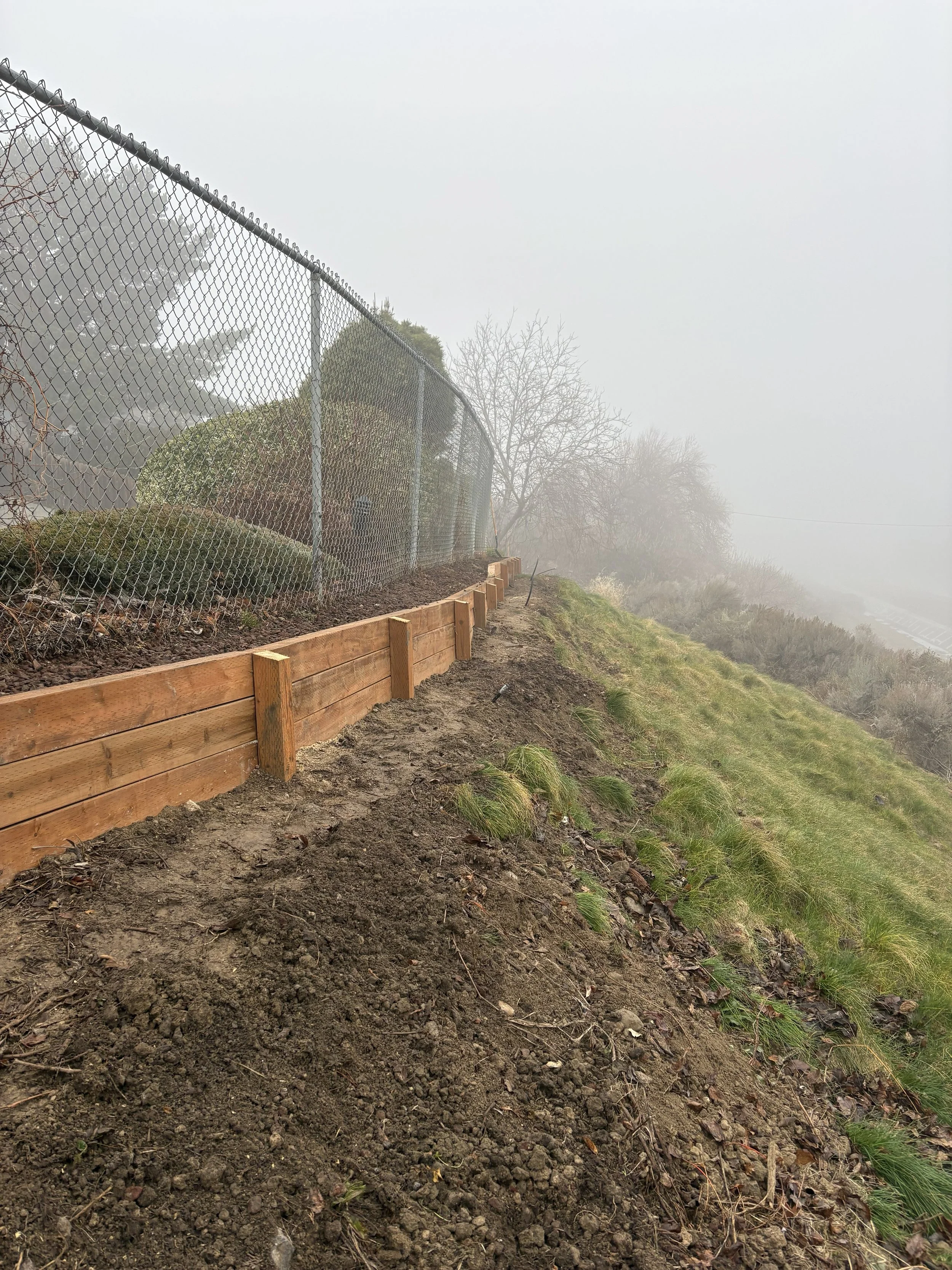A foggy hillside with a chain-link fence on the left, supported by wooden posts, and some neatly trimmed bushes behind the fence. The ground is dirt with some patches of grass on the slope.