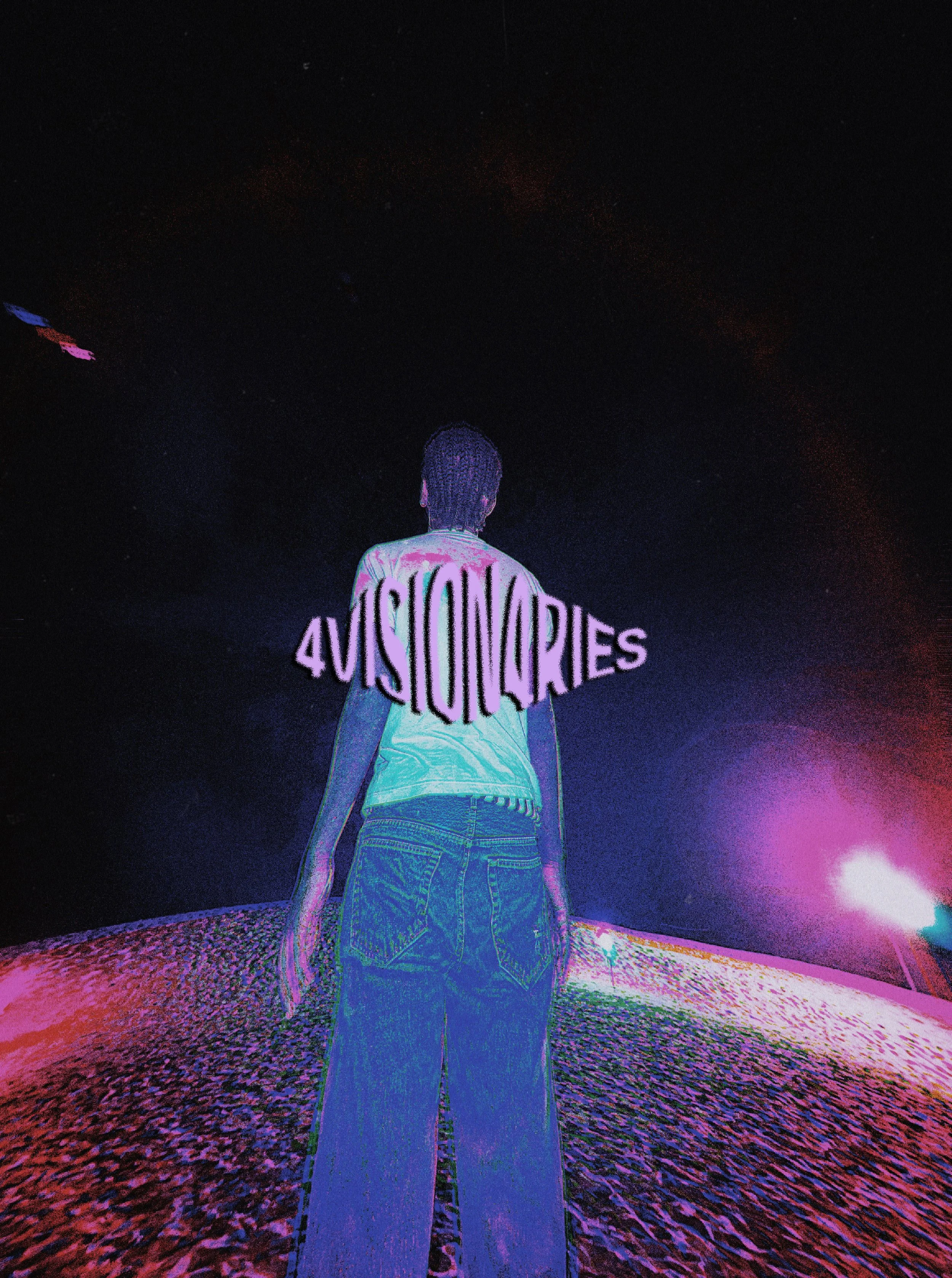 Person standing outdoors at night with the word '4MISSIONARIES' in stylized text on their back, colorful lights illuminating a textured surface and a dark sky.
