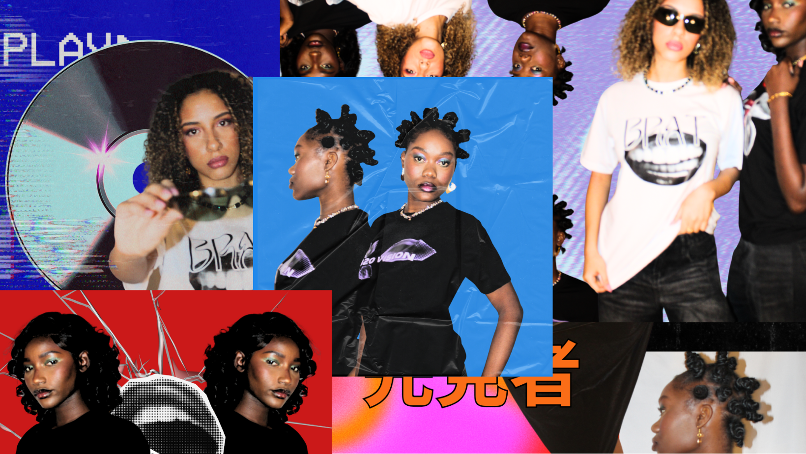 A collage of multiple photos featuring women with creative hairstyles, bold fashion, and vibrant backgrounds, including a woman holding sunglasses, group photos, and digital art elements.
